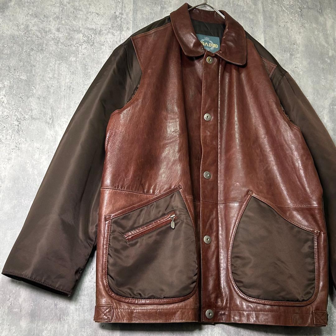 激渋 レザー 切替 カバーオール 本革 中綿 ヴィンテージ 茶色