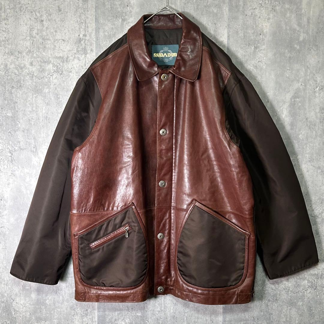 激渋 レザー 切替 カバーオール 本革 中綿 ヴィンテージ 茶色