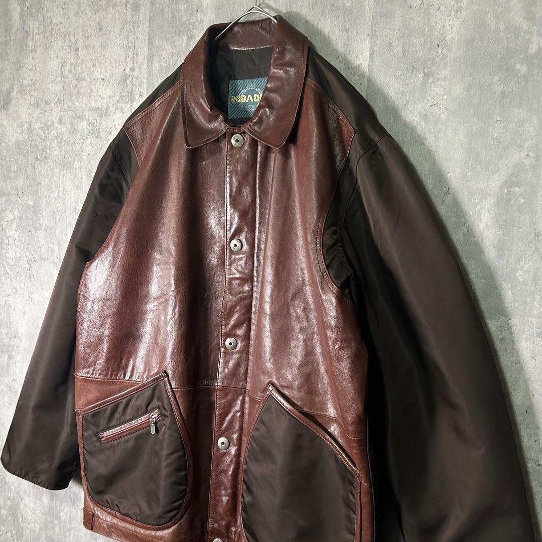 激渋 レザー 切替 カバーオール 本革 中綿 ヴィンテージ 茶色