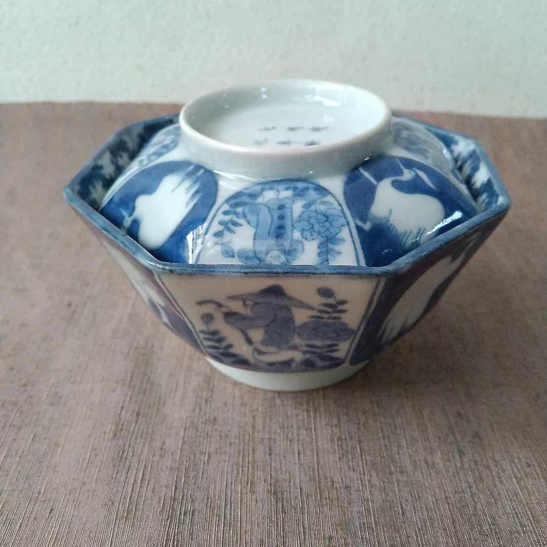 古伊万里　飯茶碗　八角　染付　人物　鷺　江戸時代　麒麟　牡丹　犬