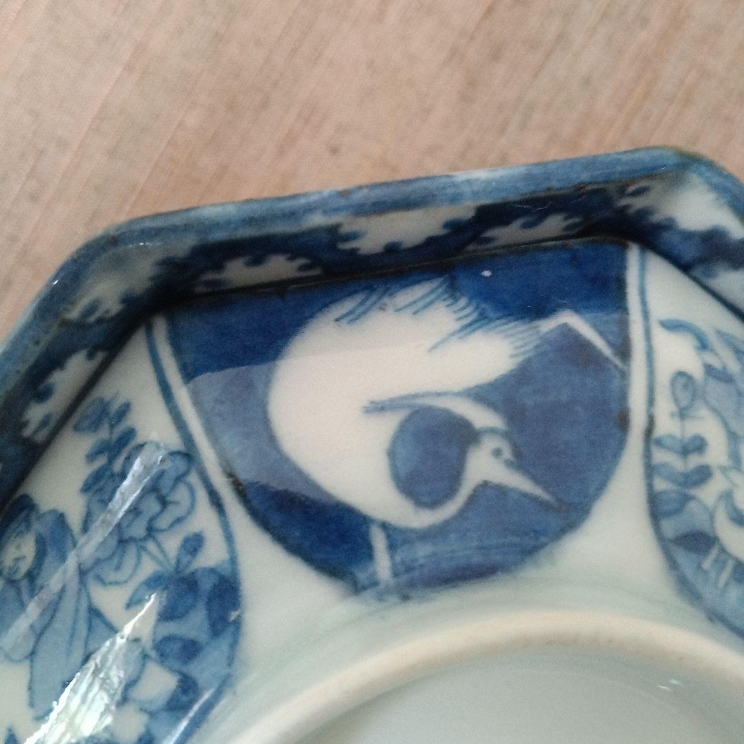 古伊万里　飯茶碗　八角　染付　人物　鷺　江戸時代　麒麟　牡丹　犬