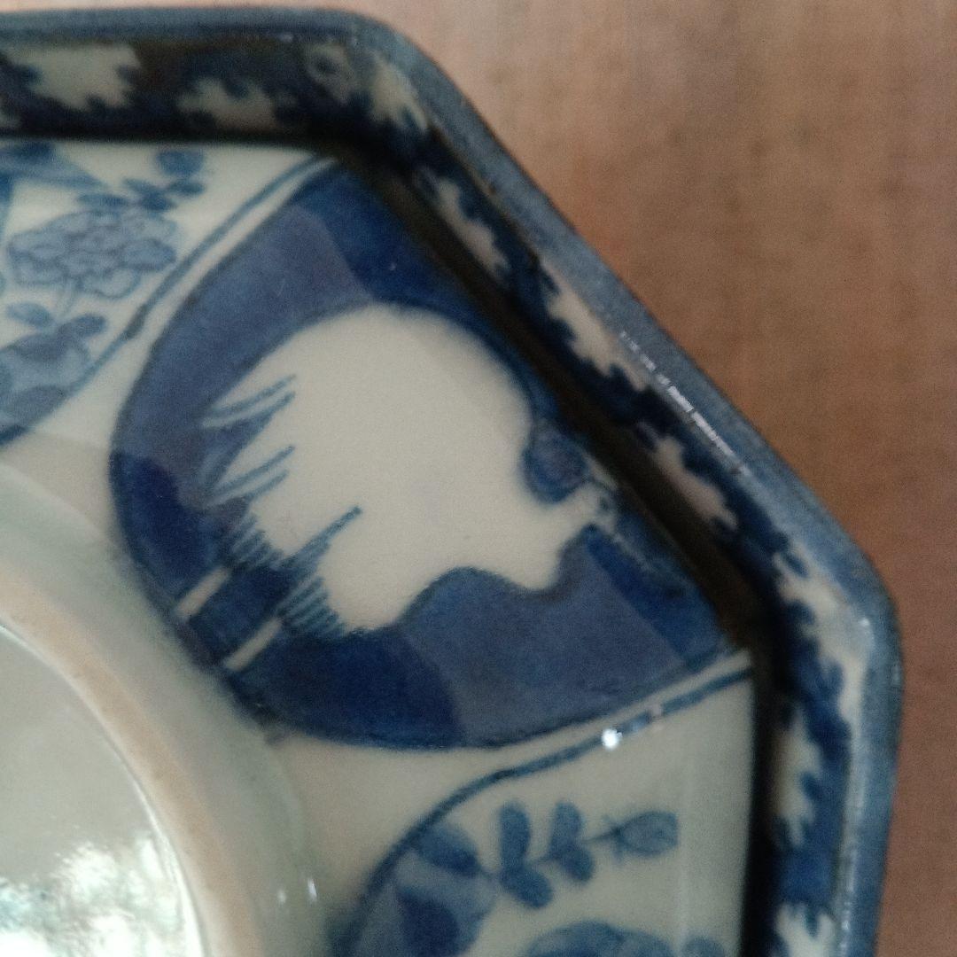 古伊万里　飯茶碗　八角　染付　人物　鷺　江戸時代　麒麟　牡丹　犬