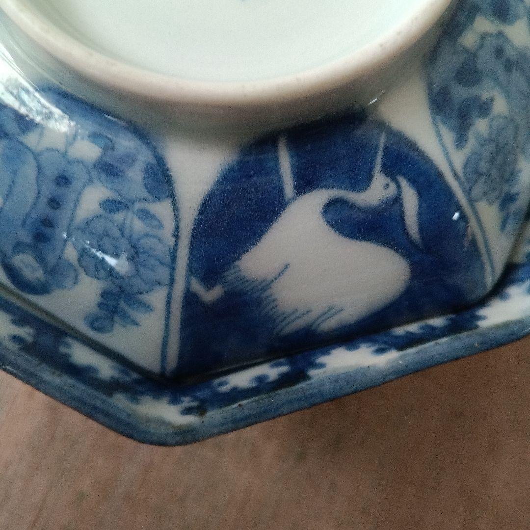 古伊万里　飯茶碗　八角　染付　人物　鷺　江戸時代　麒麟　牡丹　犬