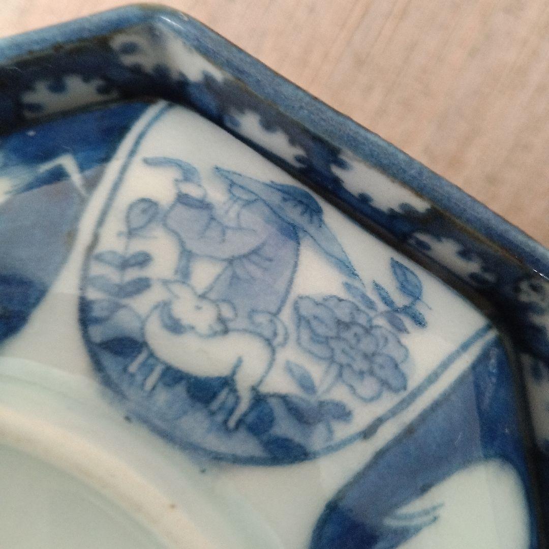 古伊万里　飯茶碗　八角　染付　人物　鷺　江戸時代　麒麟　牡丹　犬