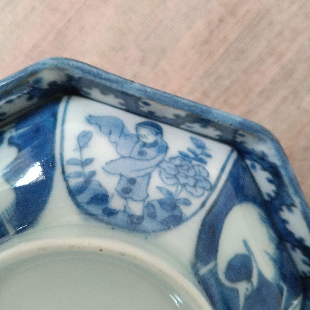 古伊万里　飯茶碗　八角　染付　人物　鷺　江戸時代　麒麟　牡丹　犬