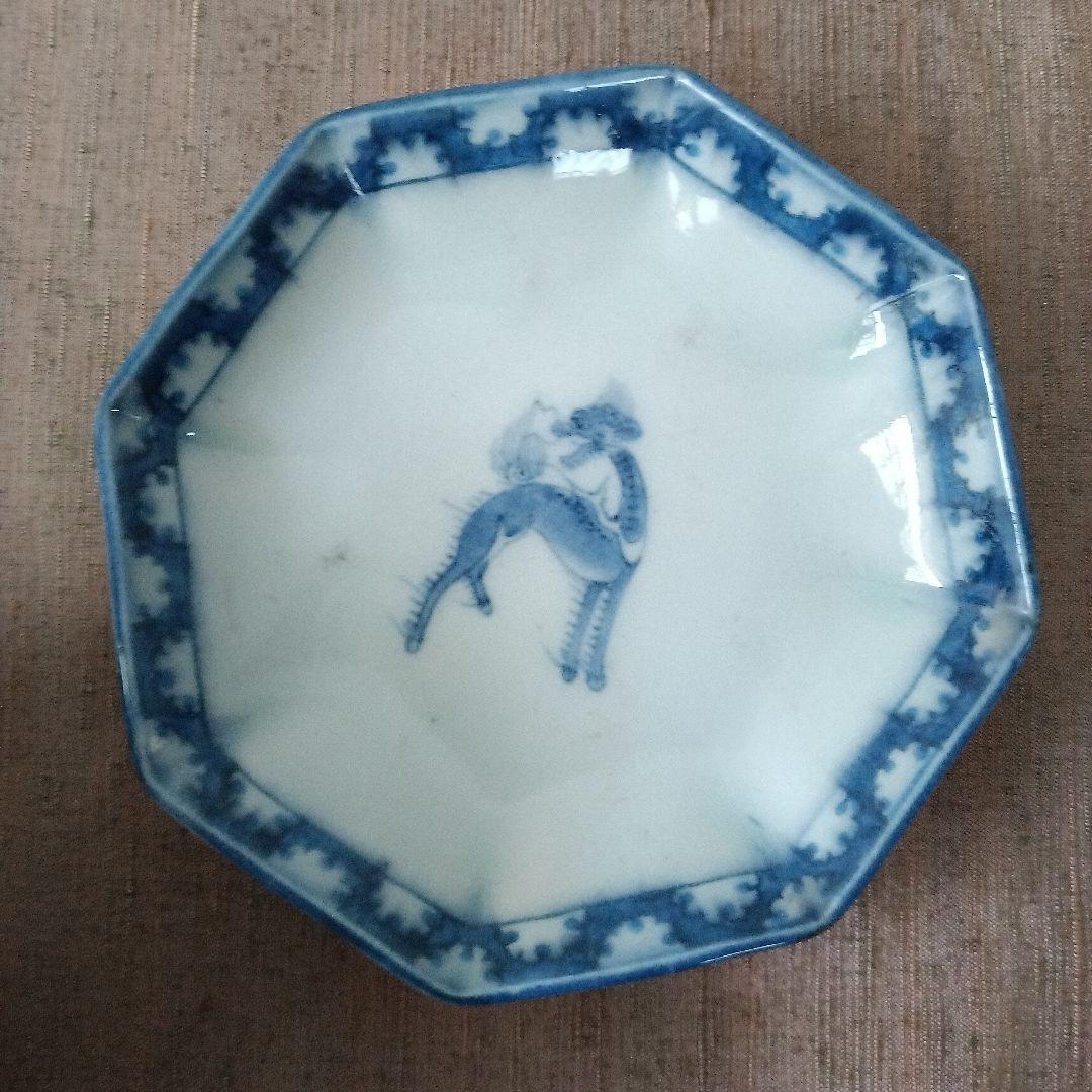 古伊万里　飯茶碗　八角　染付　人物　鷺　江戸時代　麒麟　牡丹　犬