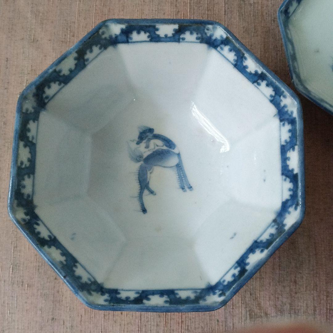 古伊万里　飯茶碗　八角　染付　人物　鷺　江戸時代　麒麟　牡丹　犬