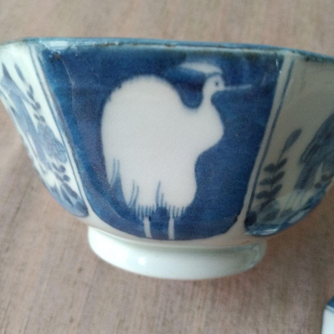 古伊万里　飯茶碗　八角　染付　人物　鷺　江戸時代　麒麟　牡丹　犬