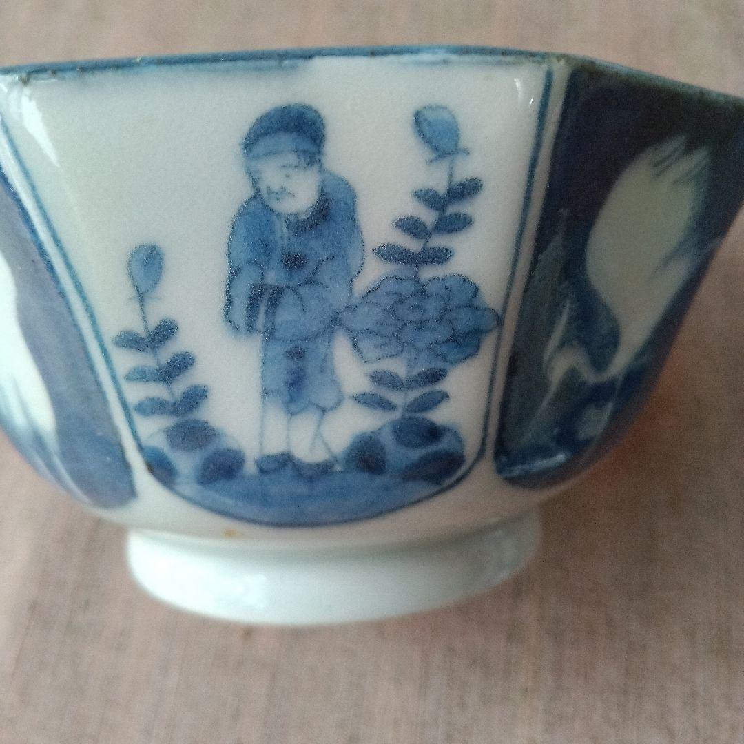 古伊万里　飯茶碗　八角　染付　人物　鷺　江戸時代　麒麟　牡丹　犬