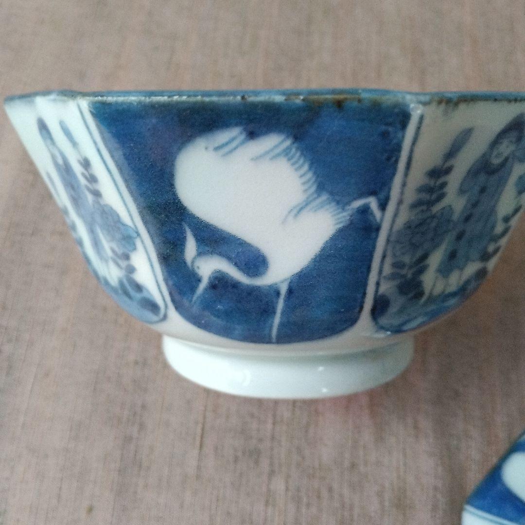 古伊万里　飯茶碗　八角　染付　人物　鷺　江戸時代　麒麟　牡丹　犬