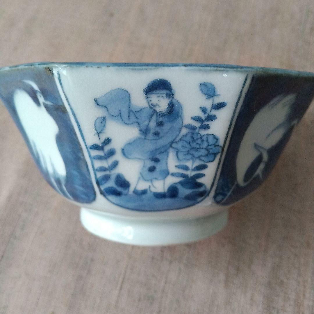 古伊万里　飯茶碗　八角　染付　人物　鷺　江戸時代　麒麟　牡丹　犬