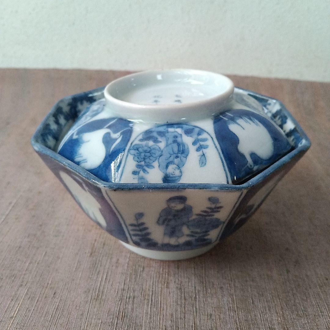 古伊万里　飯茶碗　八角　染付　人物　鷺　江戸時代　麒麟　牡丹　犬
