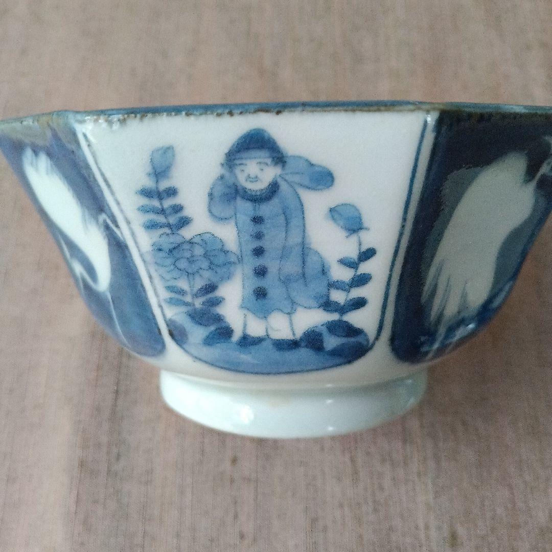 古伊万里　飯茶碗　八角　染付　人物　鷺　江戸時代　麒麟　牡丹　犬