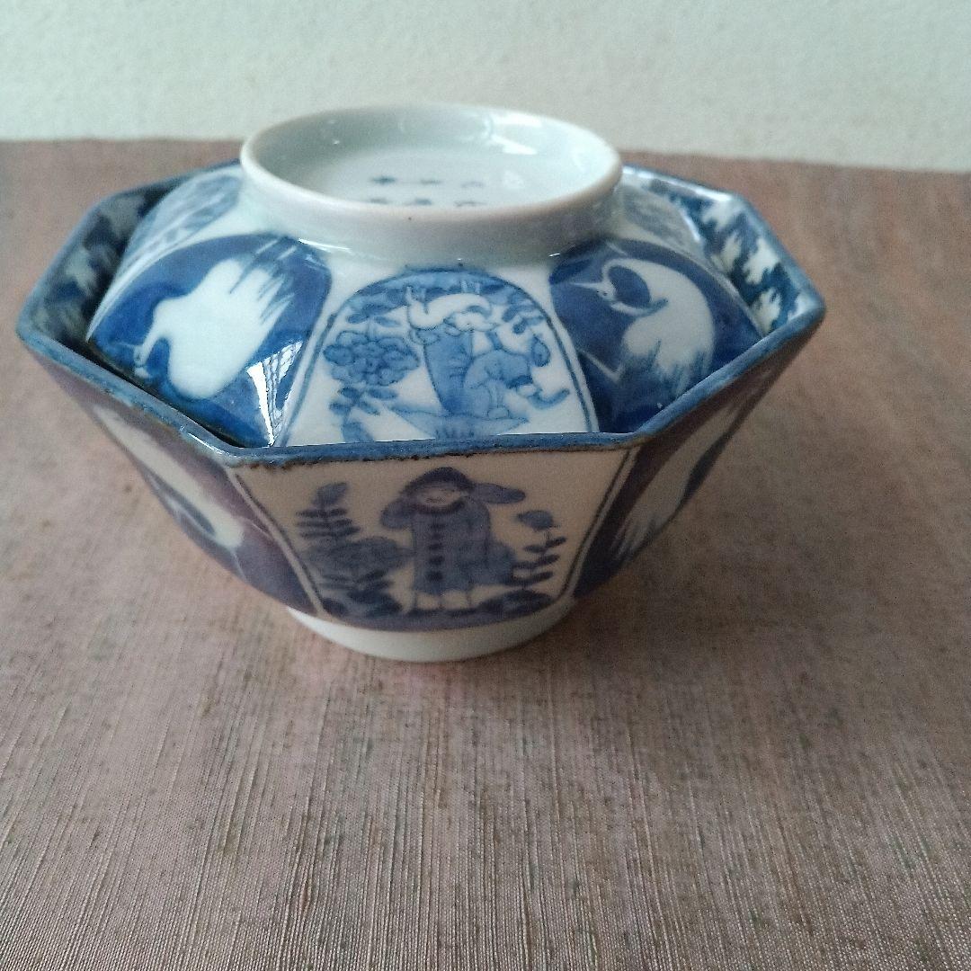 古伊万里　飯茶碗　八角　染付　人物　鷺　江戸時代　麒麟　牡丹　犬