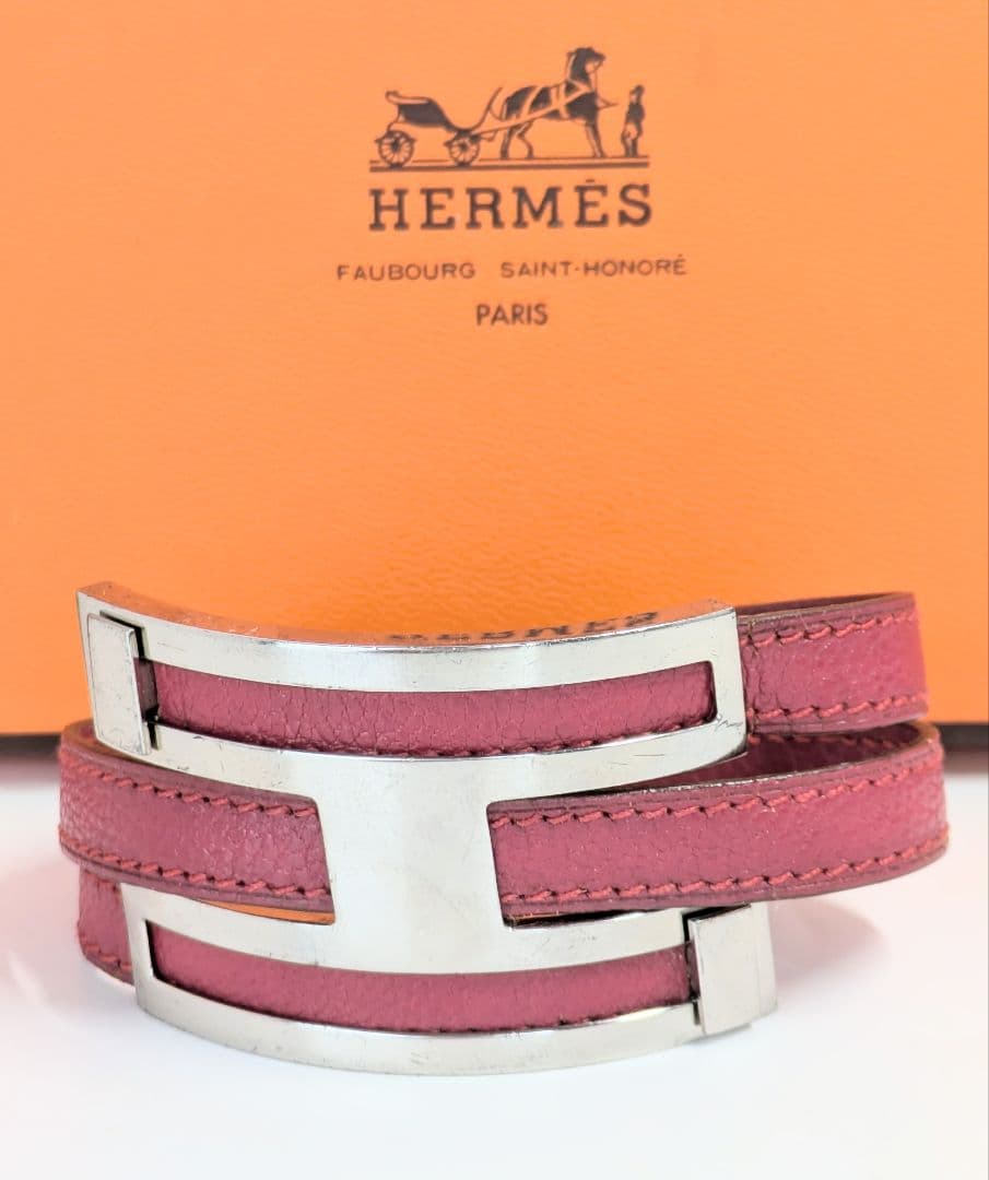 HERMÈS エルメス　プスプス2連Ｈロゴ　ピンク レザー バングル