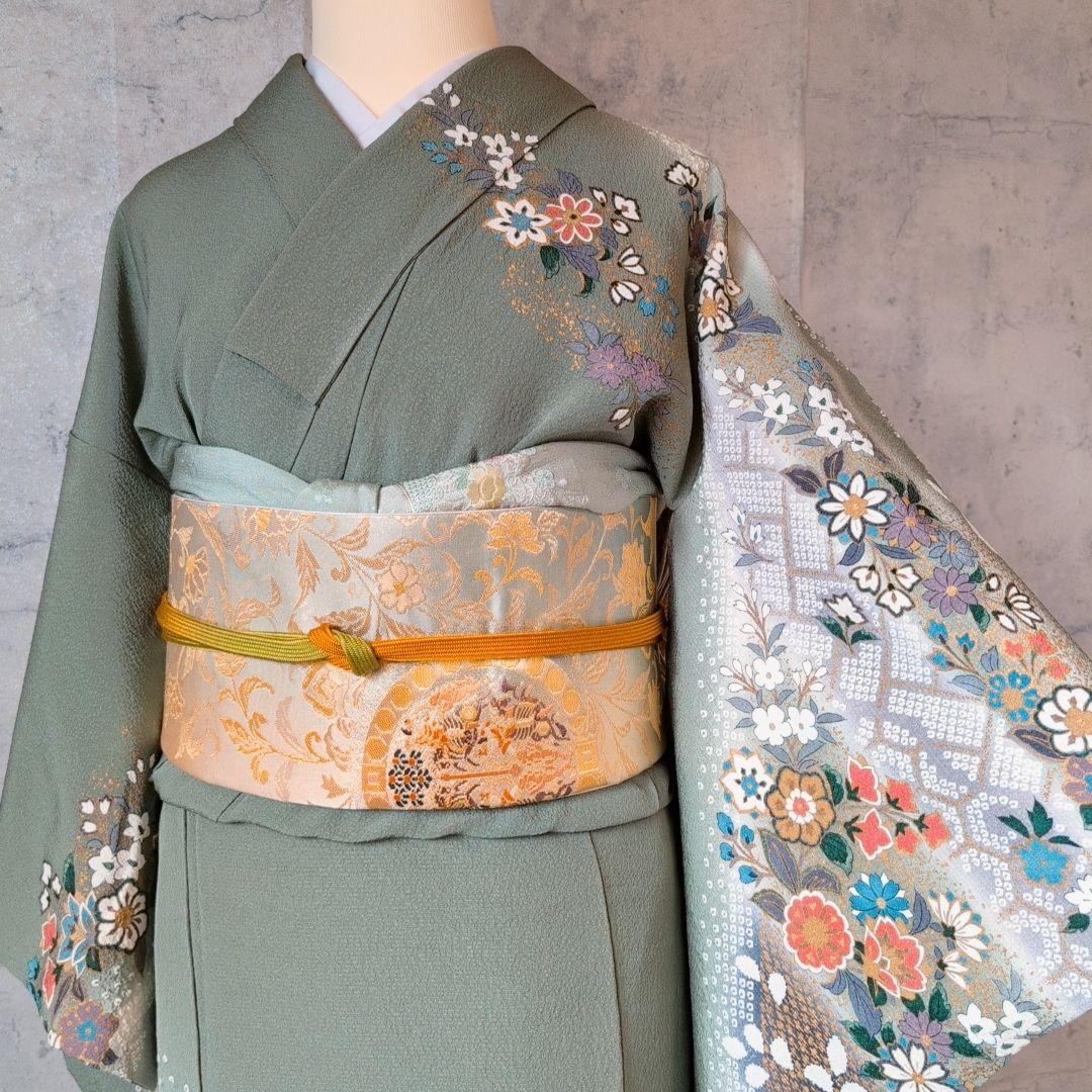 訪問着　フルセット　着物　正絹　緑　金　花　華やか　祝い事　D2