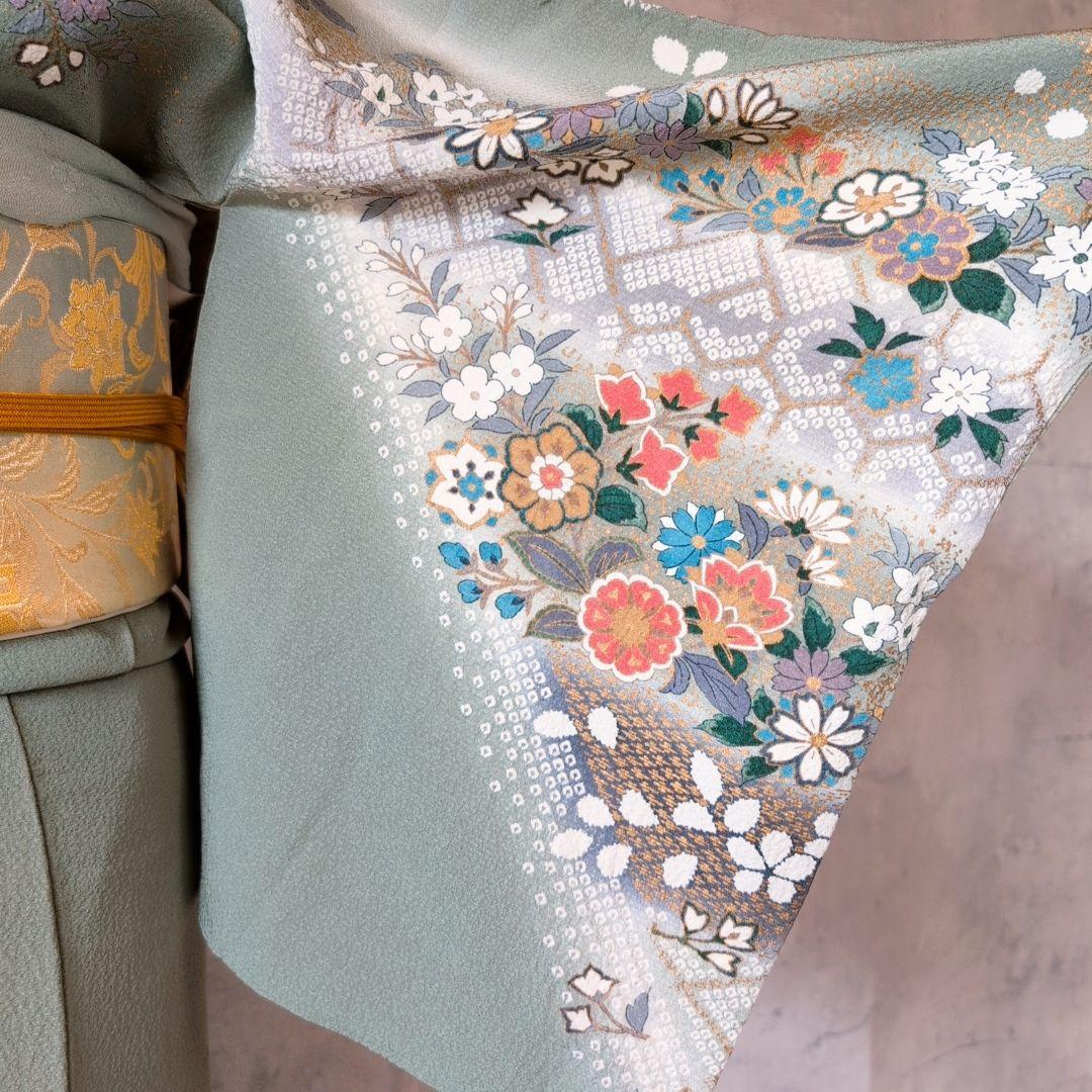 訪問着　フルセット　着物　正絹　緑　金　花　華やか　祝い事　D2