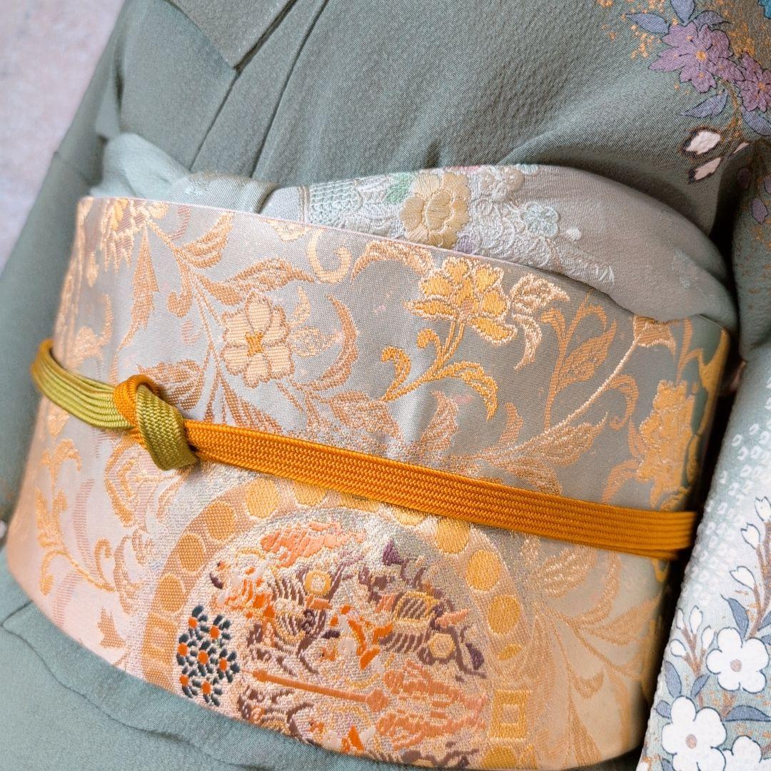 訪問着　フルセット　着物　正絹　緑　金　花　華やか　祝い事　D2