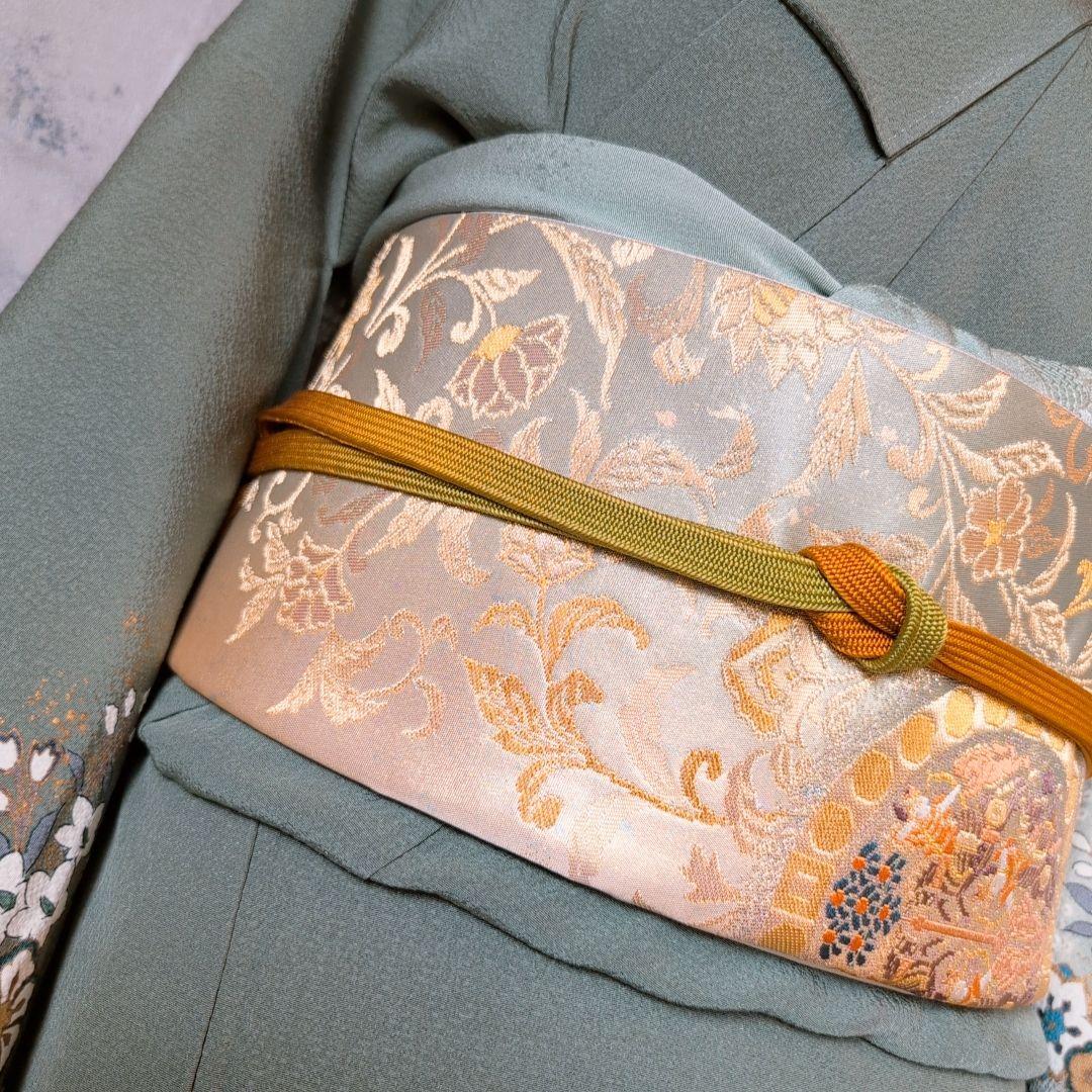 訪問着　フルセット　着物　正絹　緑　金　花　華やか　祝い事　D2