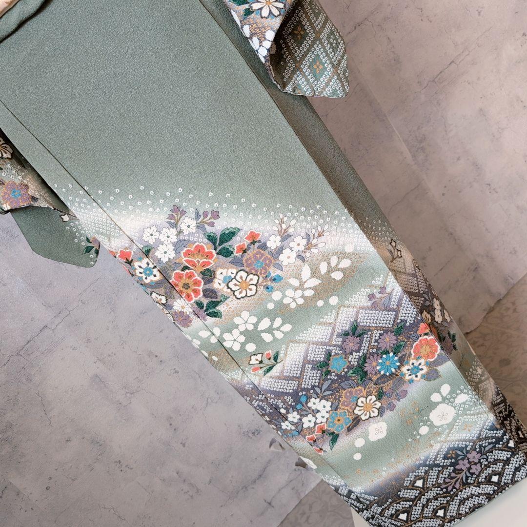 訪問着　フルセット　着物　正絹　緑　金　花　華やか　祝い事　D2