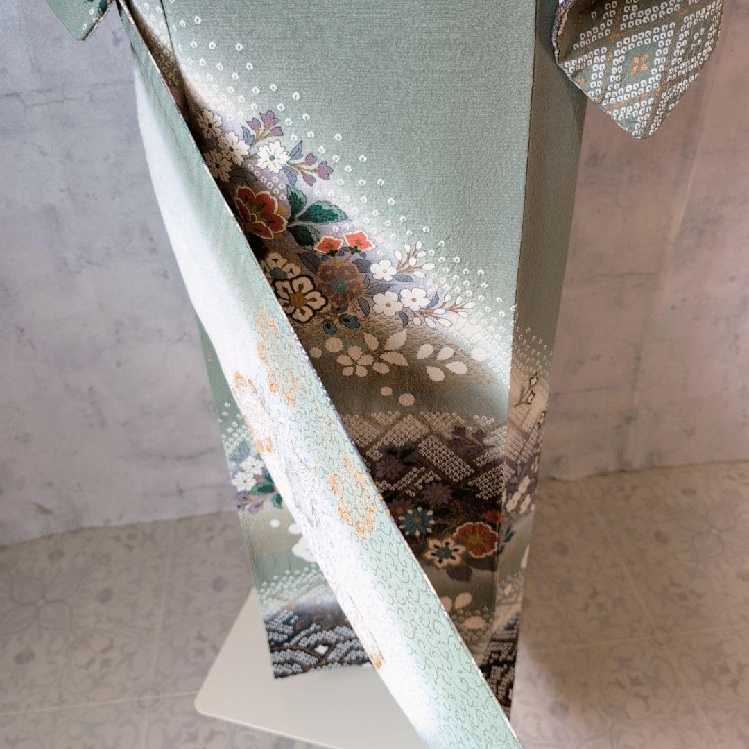 訪問着　フルセット　着物　正絹　緑　金　花　華やか　祝い事　D2