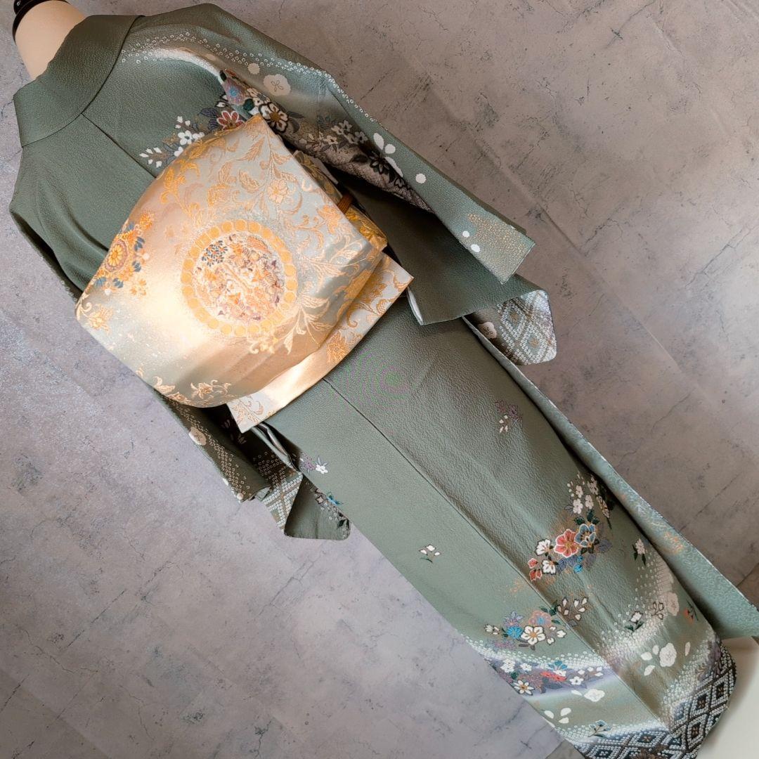 訪問着　フルセット　着物　正絹　緑　金　花　華やか　祝い事　D2