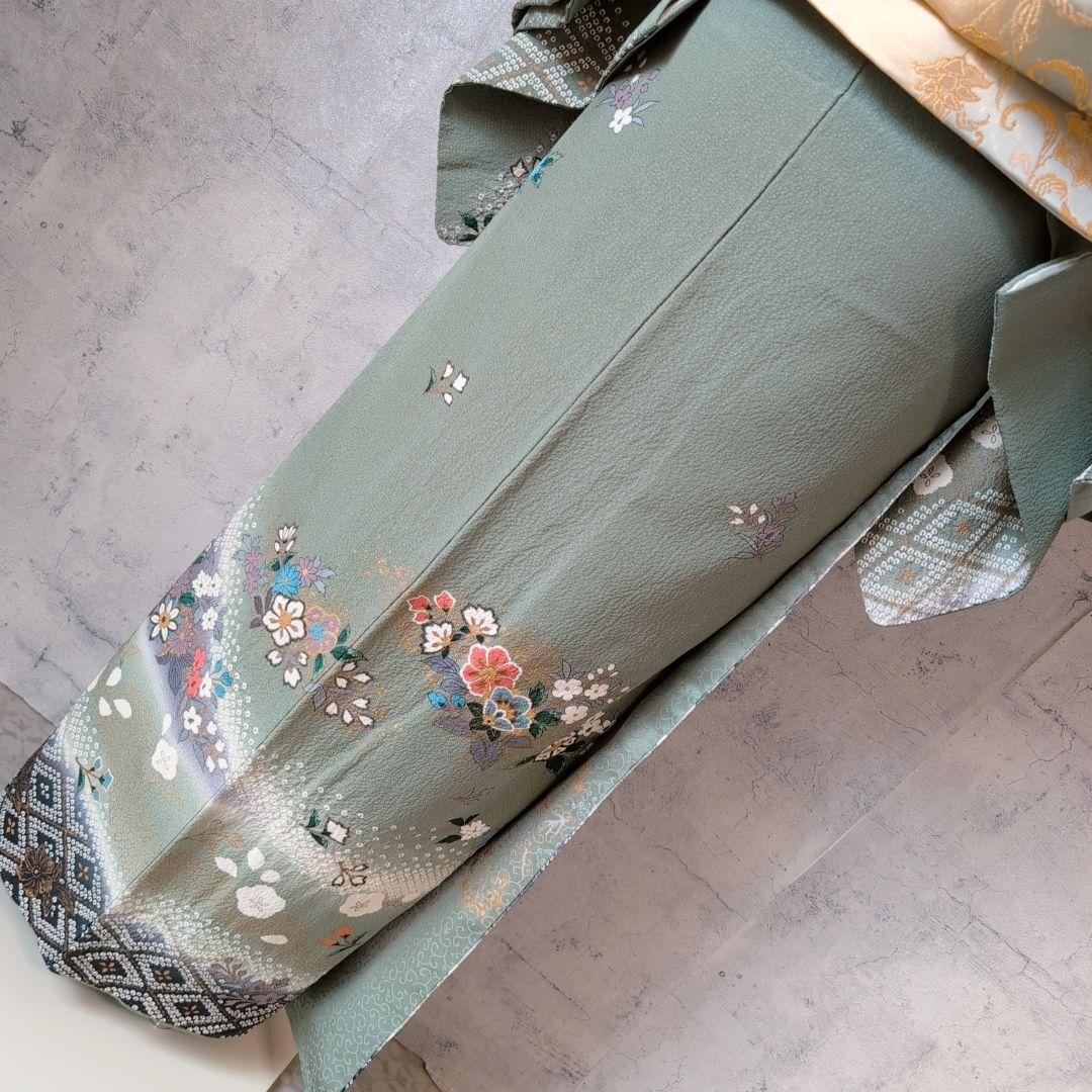 訪問着　フルセット　着物　正絹　緑　金　花　華やか　祝い事　D2