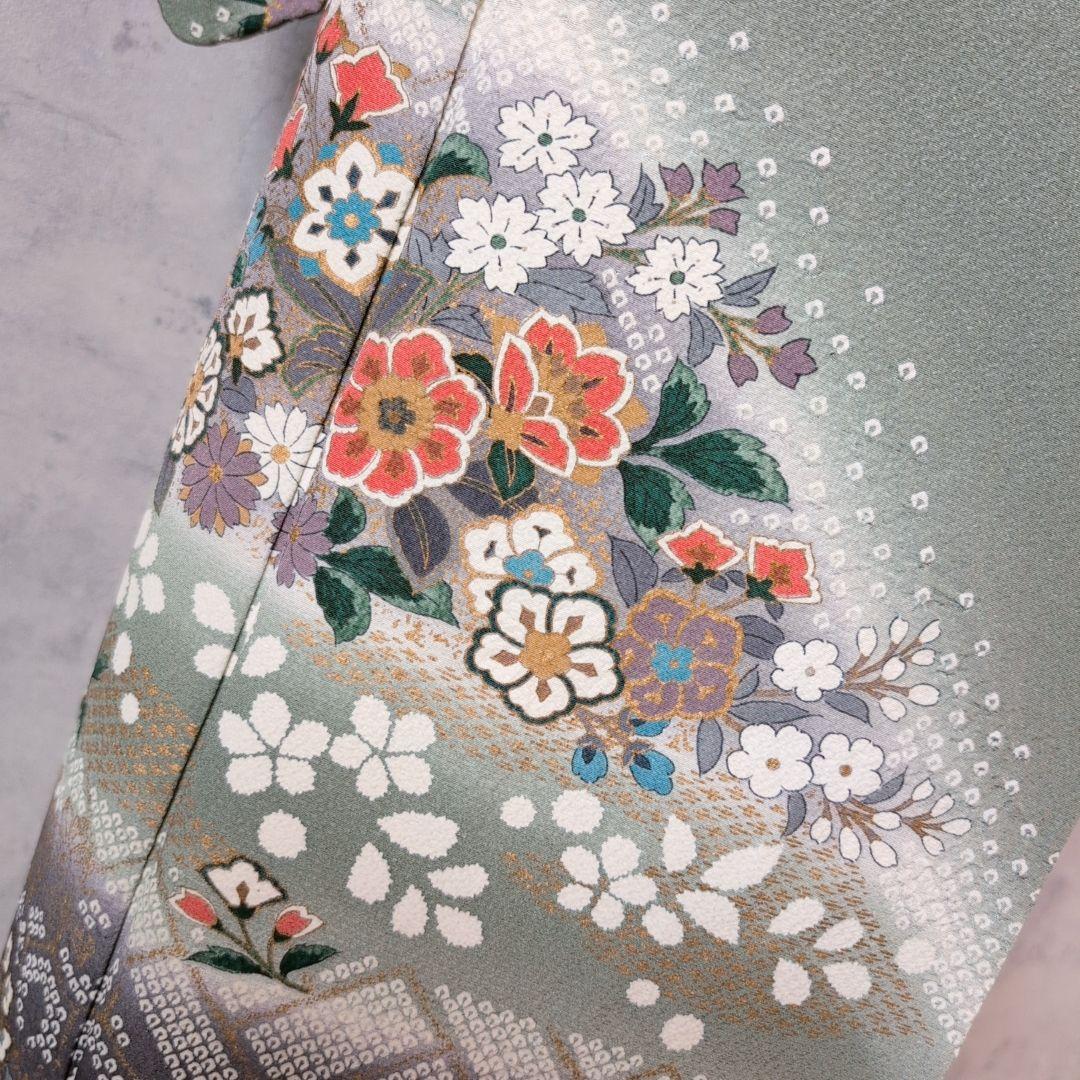 訪問着　フルセット　着物　正絹　緑　金　花　華やか　祝い事　D2