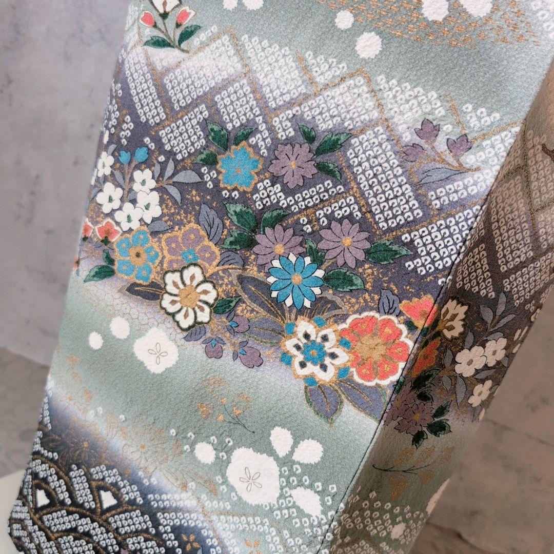 訪問着　フルセット　着物　正絹　緑　金　花　華やか　祝い事　D2