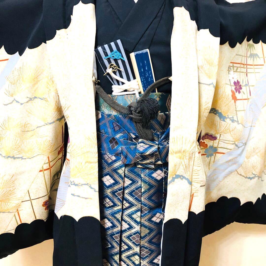 七五三 五歳‼️黒地にクリーム系 鷹 金箔金彩‼️完全フルセット‼️家から揃え無し