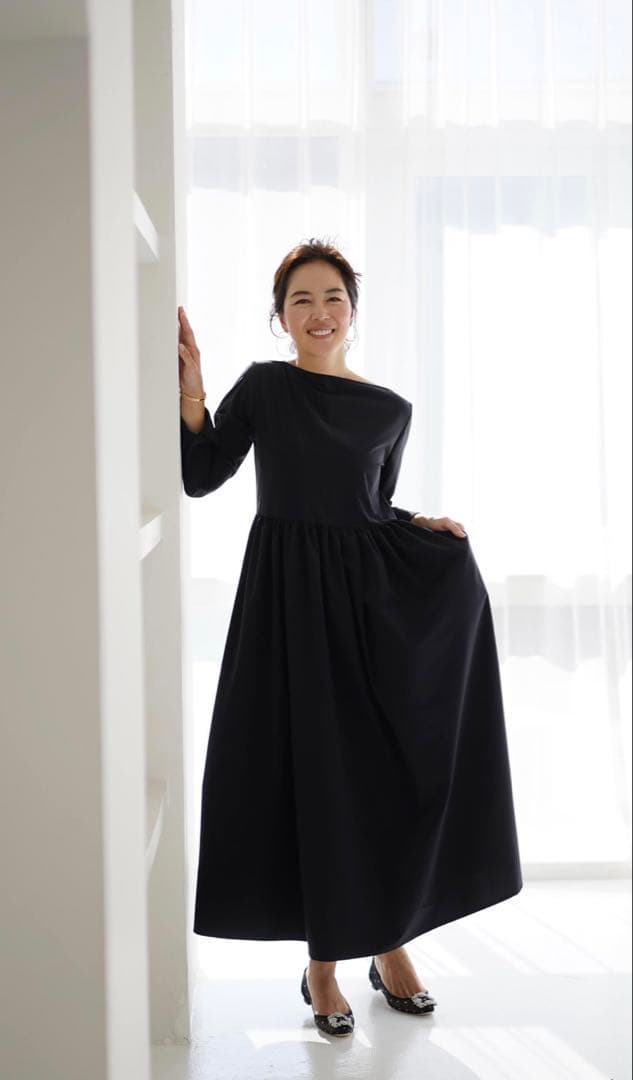 新品未使用⭐︎the9shop エブリデイドレス　ボートネックダークネイビー　L