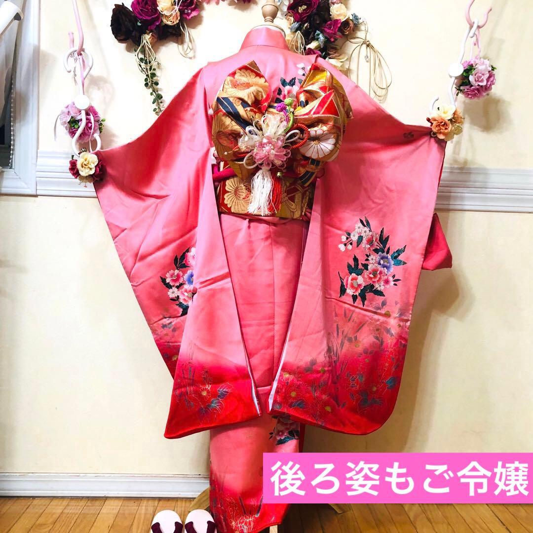 七五三七歳‼正絹可愛いピンクに花々金箔金彩煌びやか際立つ❤️完全フルセット