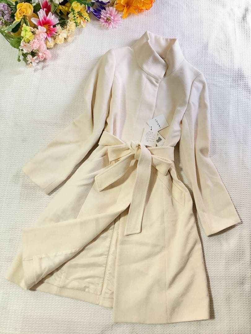 新品INDIVI インディヴィ 羊毛カシミヤ スタンドカラーコートオフホワイト系