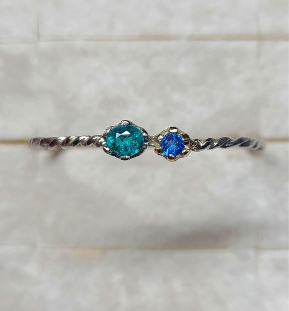 力のあるネオンブルーの共演★バターリャパライバトルマリン&アウイナイトリング★