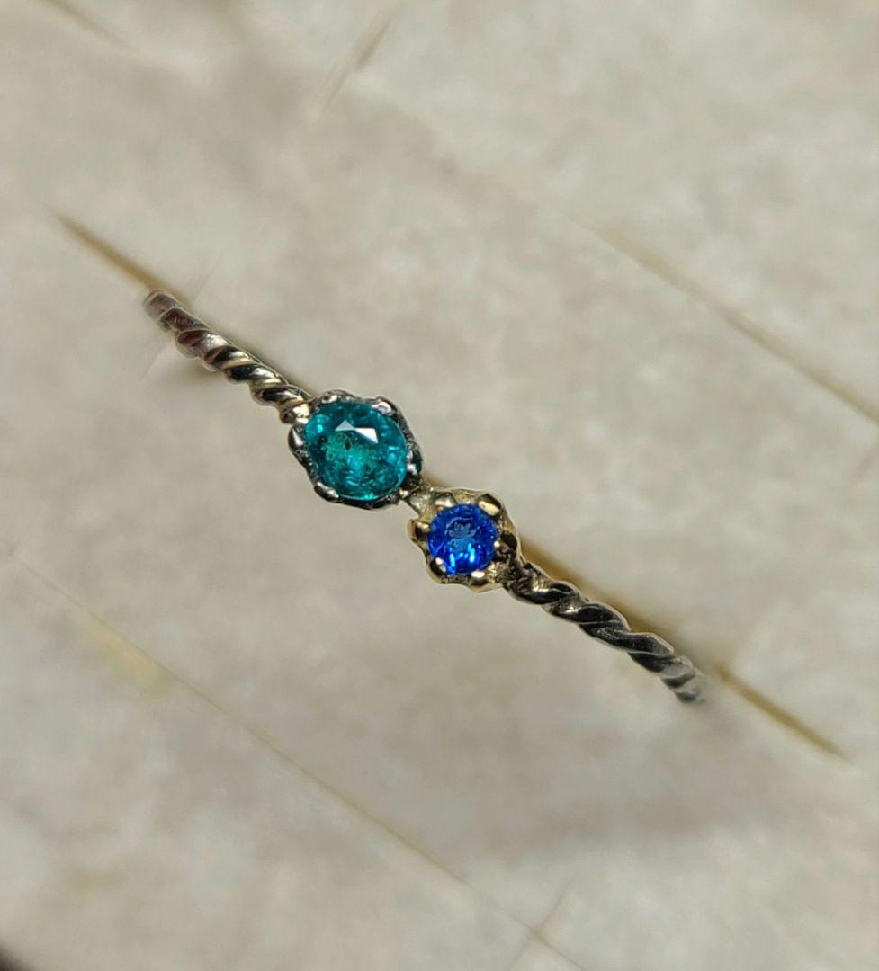 力のあるネオンブルーの共演★バターリャパライバトルマリン&アウイナイトリング★