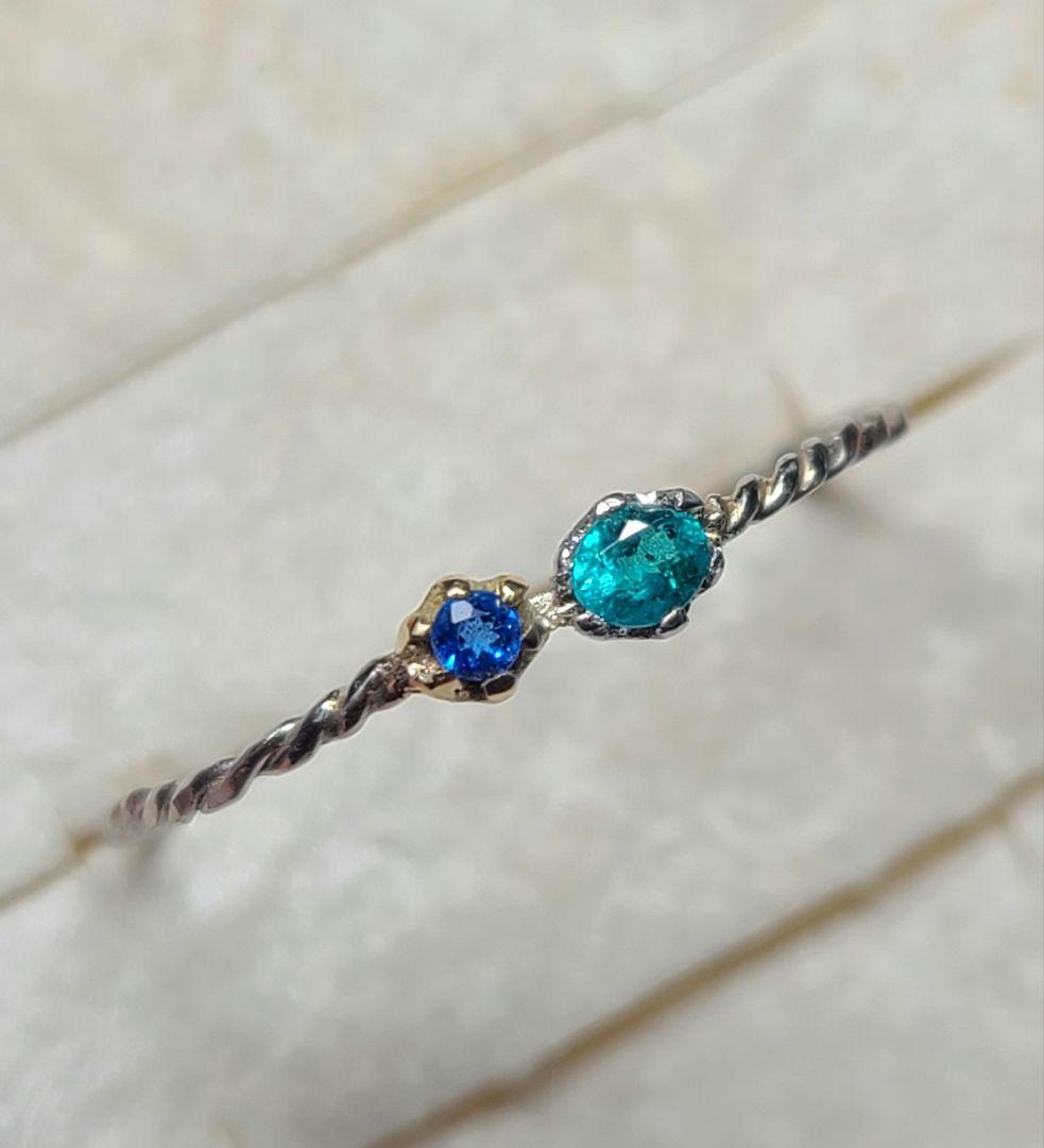 力のあるネオンブルーの共演★バターリャパライバトルマリン&アウイナイトリング★