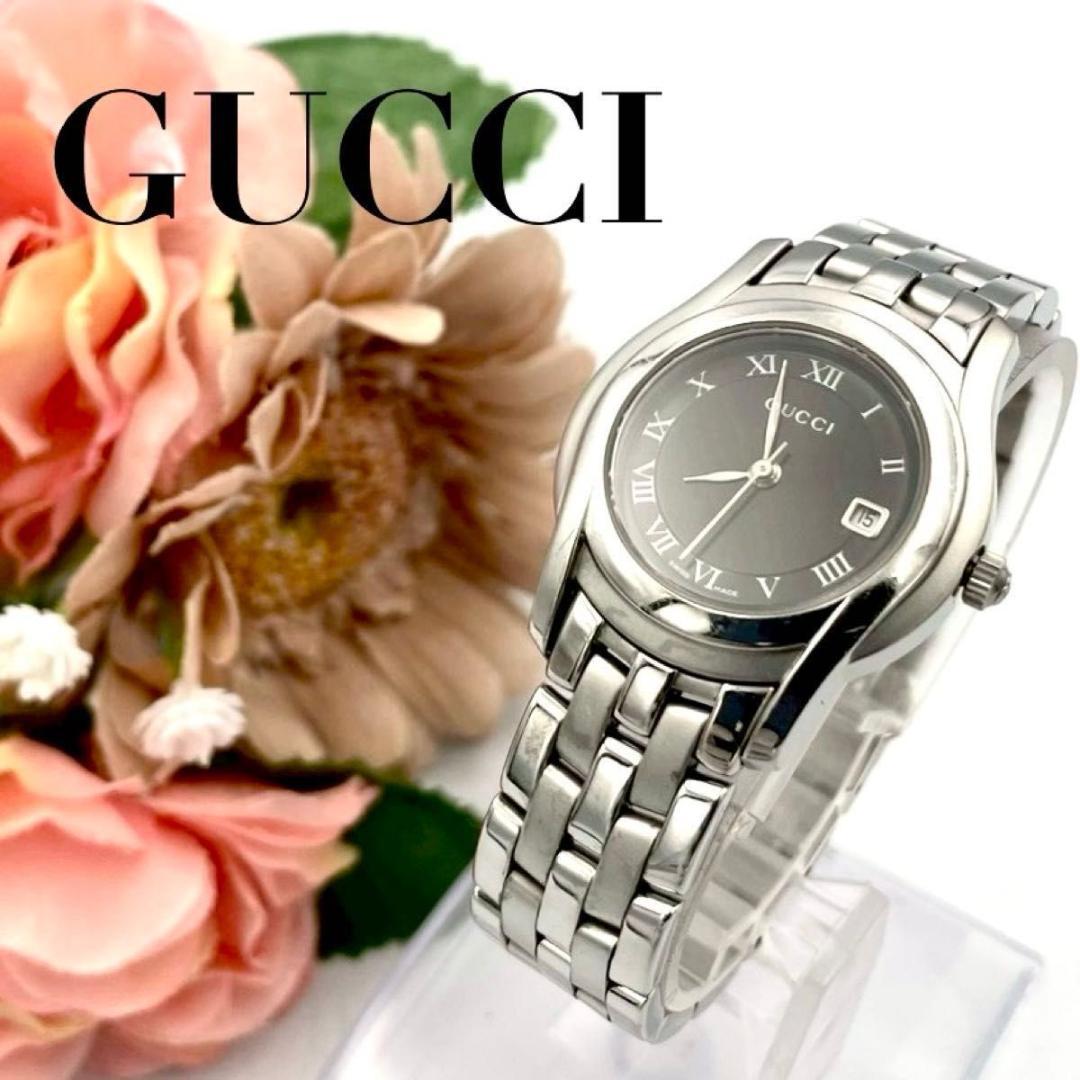 560 グッチ 5500L 腕時計 クォーツ デイト ラウンド ブラック文字盤