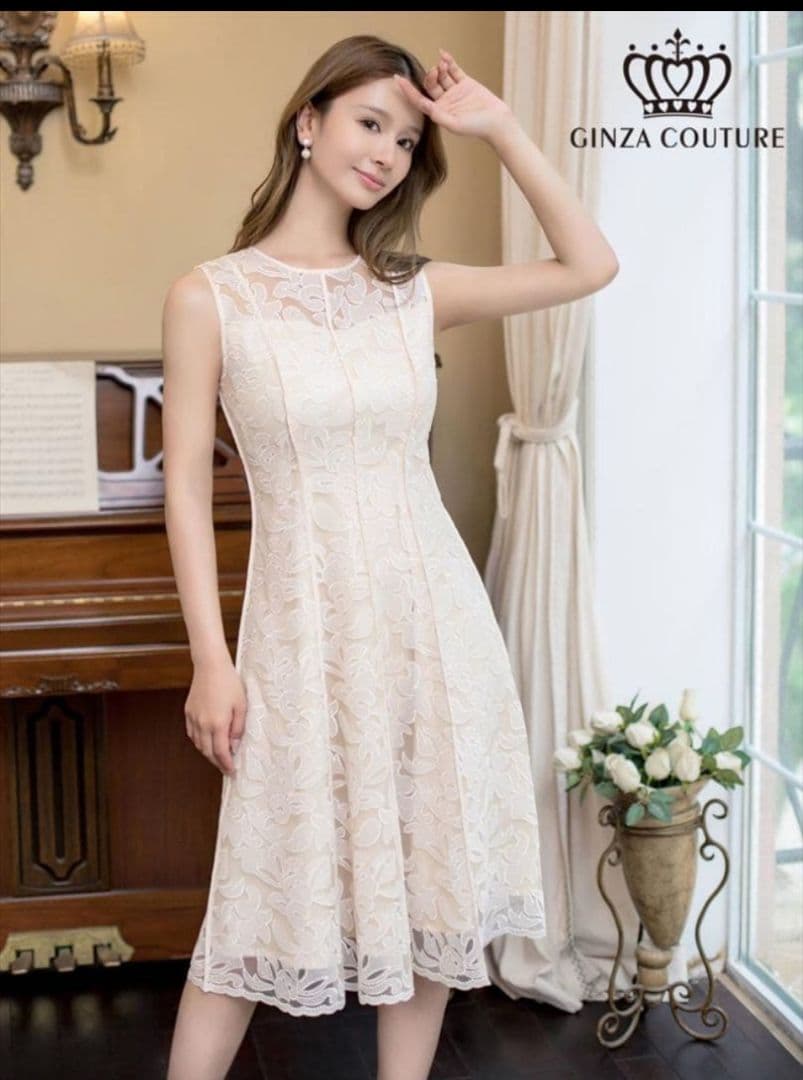 銀座クチュール 総レース Aライン ノースリーブ ミディアムドレス ホワイト