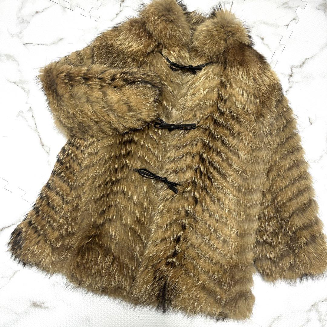 ラクーンファー 本毛皮 コート リアルファー サイズ11 アライグマ 総丈78