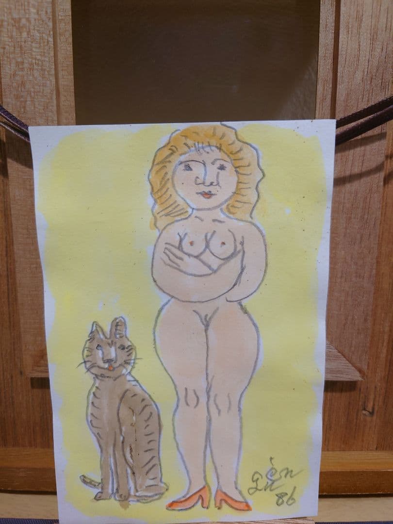 猪熊弦一郎　真作『裸婦と猫』直筆サイン