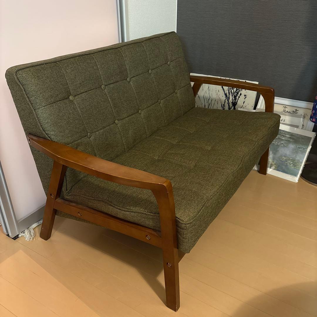 【ほぼ送料代】2人掛けソファ グリーン ブラウン アンティーク風