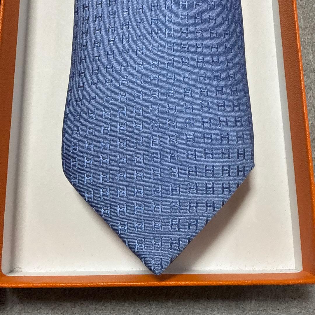 エルメス　ネクタイ　青　H柄H織ファソネ