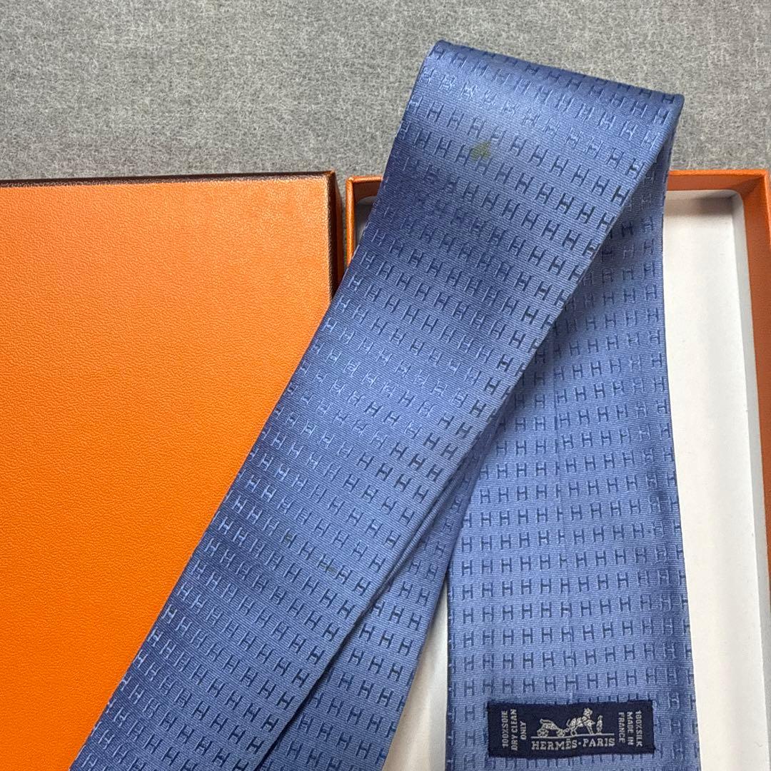 エルメス　ネクタイ　青　H柄H織ファソネ