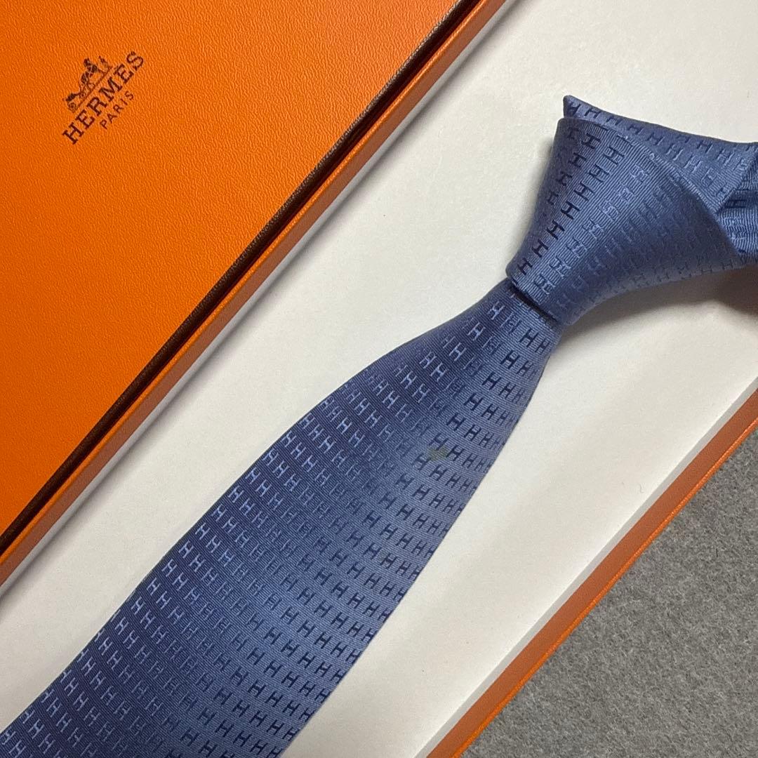 エルメス　ネクタイ　青　H柄H織ファソネ