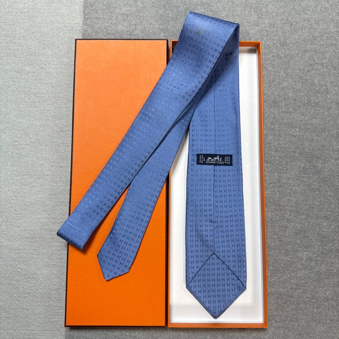エルメス　ネクタイ　青　H柄H織ファソネ
