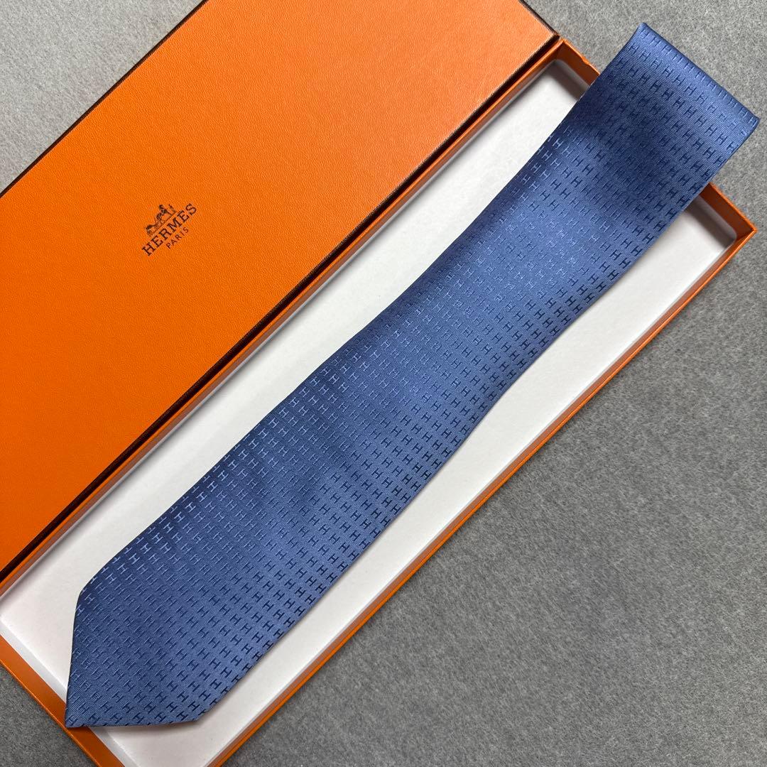 エルメス　ネクタイ　青　H柄H織ファソネ