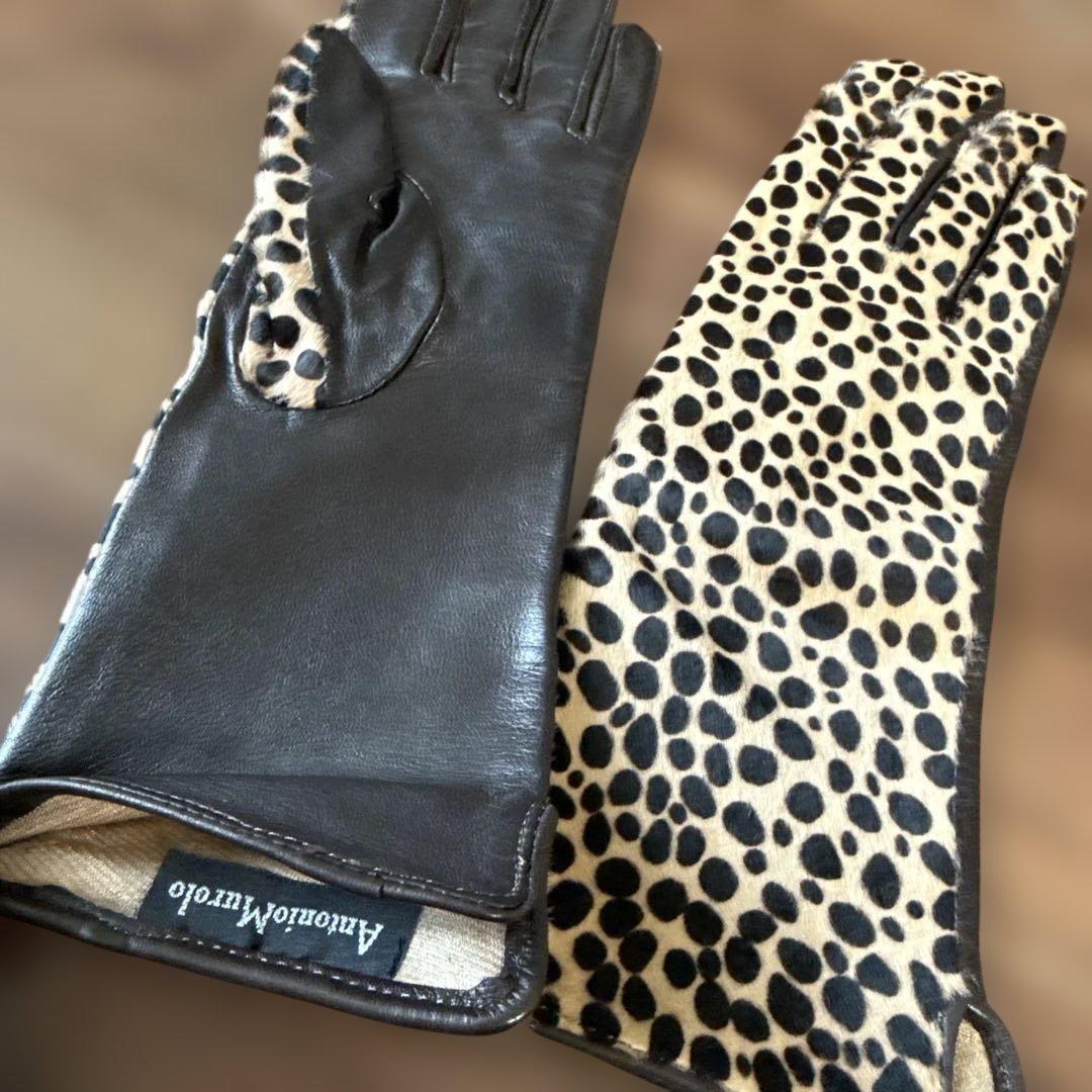 本革 ヒョウ柄手袋 サイズ7 イタリア製 ロング