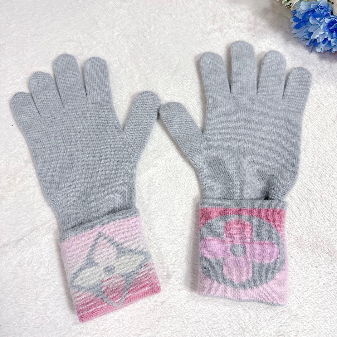 極美品★ルイヴィトン　手袋 カシミヤ　ウール ロゴ　グレー　ピンク レディース