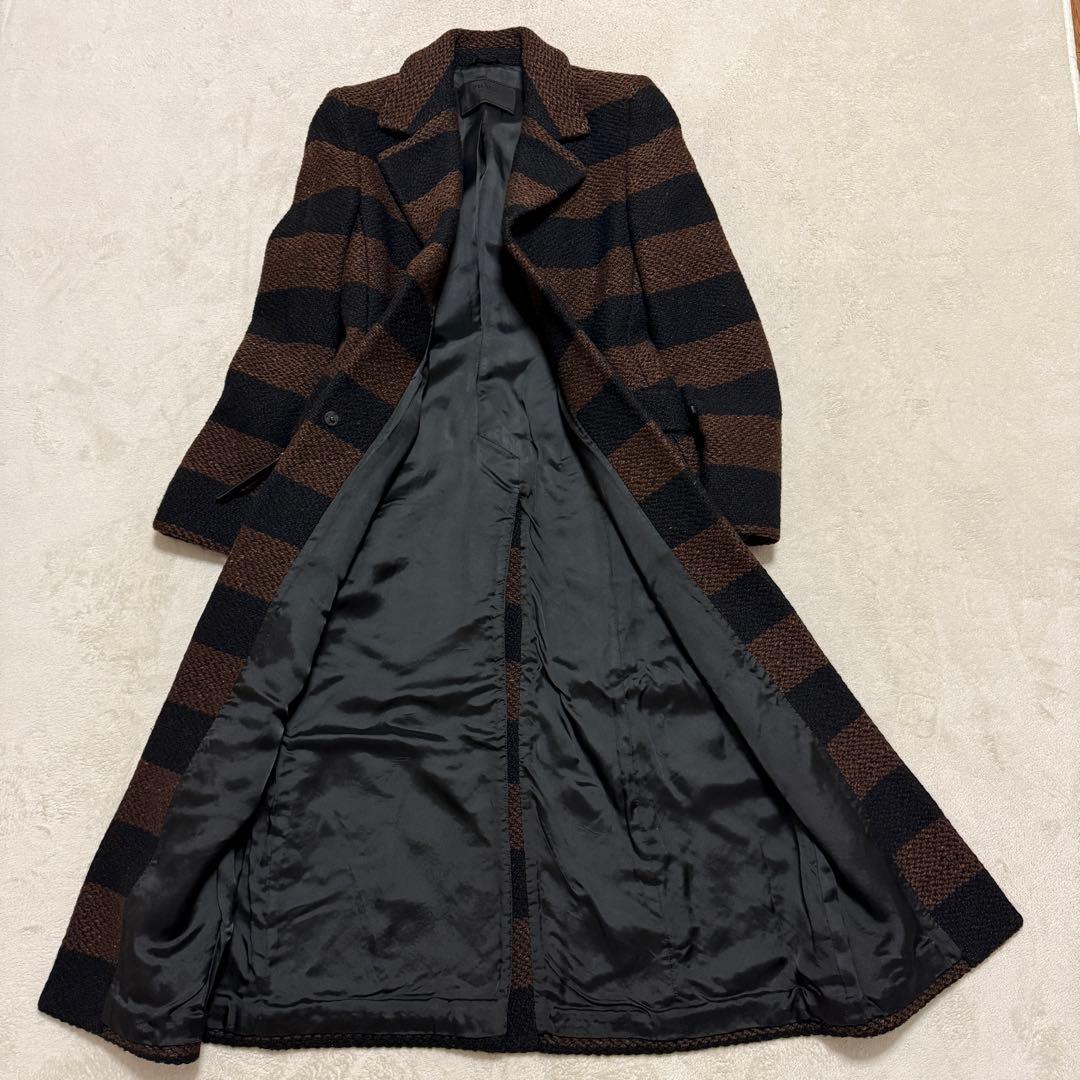 美品　プラダ　ロングコート　ツイード　茶　黒　ボーダー　Sサイズ相当　ボーダー