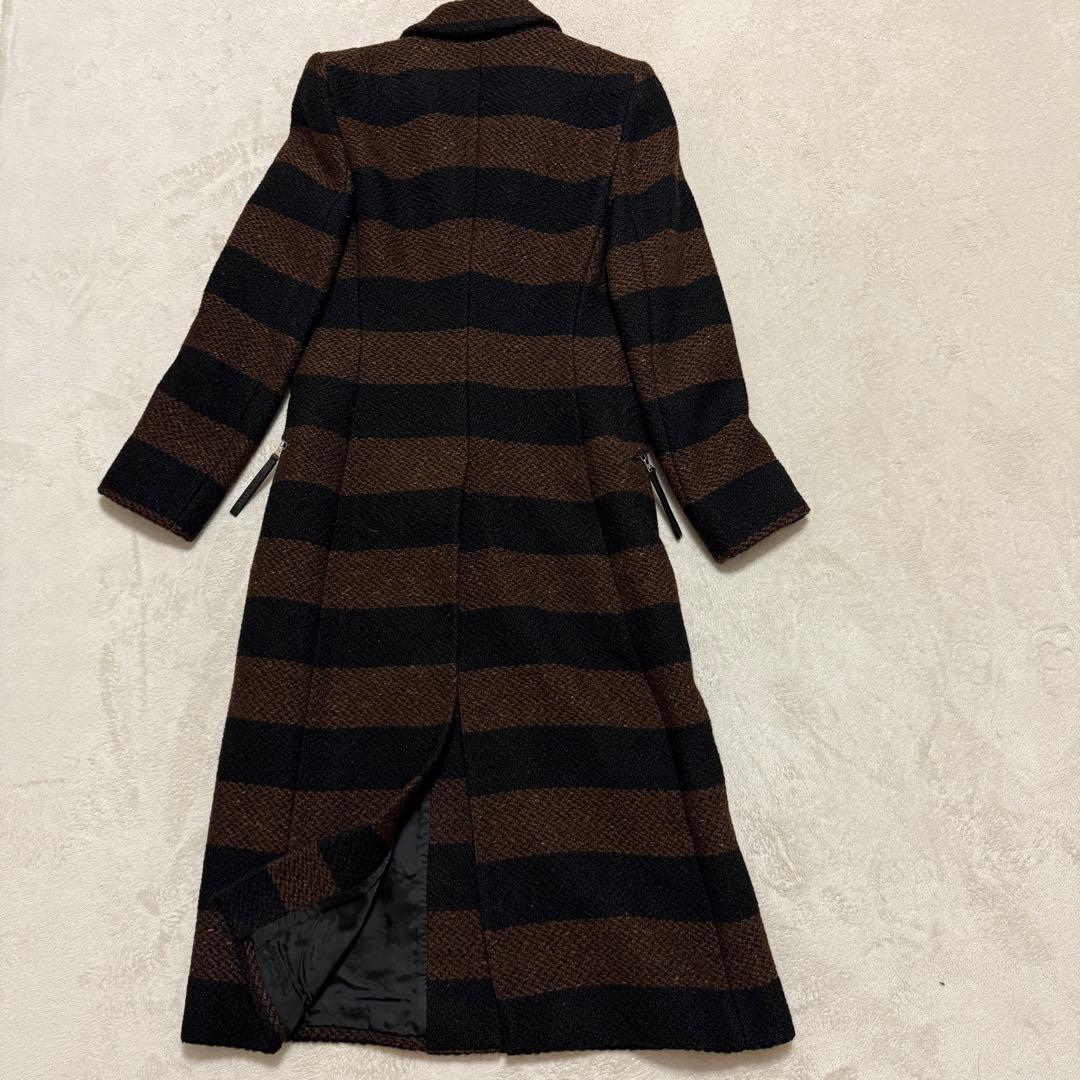 美品　プラダ　ロングコート　ツイード　茶　黒　ボーダー　Sサイズ相当　ボーダー